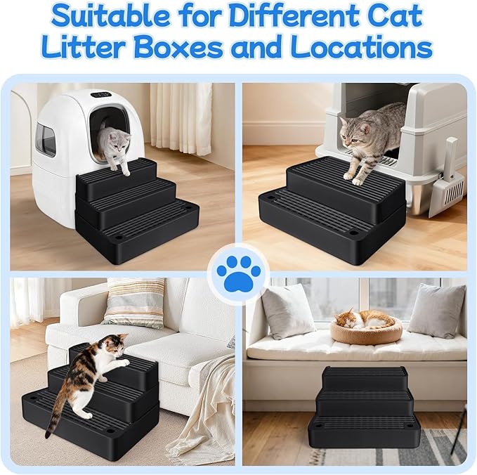 Extra Large 3 Steps Litter Box Ramp, Adjustable Cat Litter Box Step with Filter Function, Easy to Clean Cat Litter Stair Catcher for Elderly Cats and Kitten (Black)