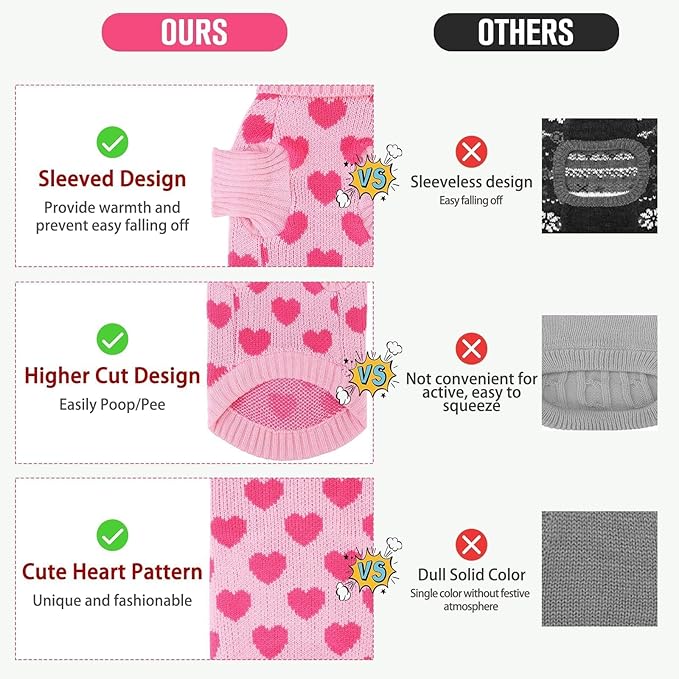 KOOLTAIL Cat Sweater Turtleneck- Soft Pink Knit Cat Sweaters for Cats Only, Heart Love Pattern Thick Warm Cold Weather Clothes, Pet Outfit for Small Medium Large Size Kitten Puppy Girl