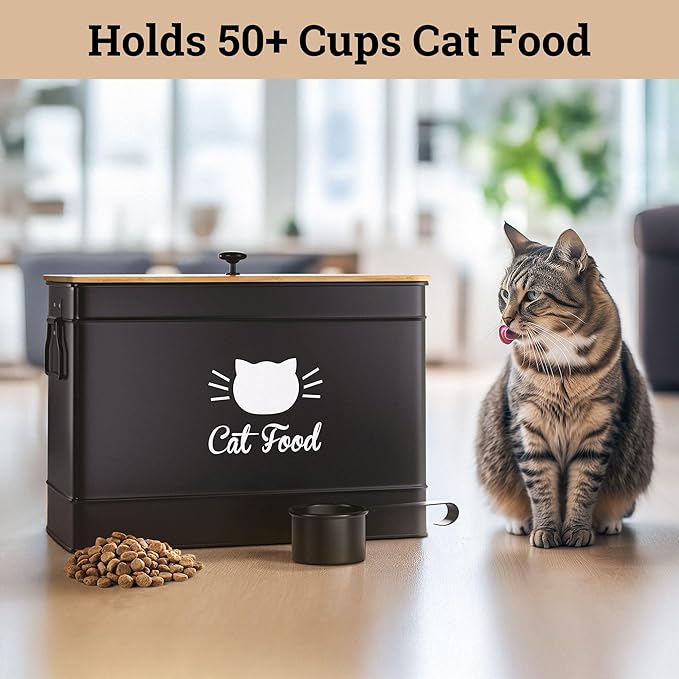 Cat Food Storage Container with Scoop - 15 lb (50 Cup) Capacity Metal Cat Food Container with Airtight Bamboo Lid & Metal Scoop - Airtight Pet Food Storage Containers - 15 lb Treats & Kibble Container