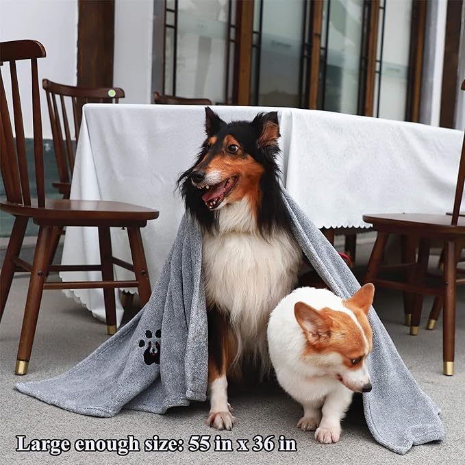 Extra Large Dog Towel - Pack of 2 - Super Absorbent Soft Microfiber Pet Bath Grooming Towels for Drying Dogs and Other Pets (XL-55" * 36", Grey and Brown)