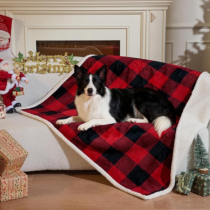 Qeils Dog Blankets for Large Dogs, Waterproof Dog Blanket Washable, Soft Sherpa Fleece Puppy Blanket for Kitten Doggy, Warm Cat Blankets for Indoor Cats, 50"X60", Red Christmas Checker
