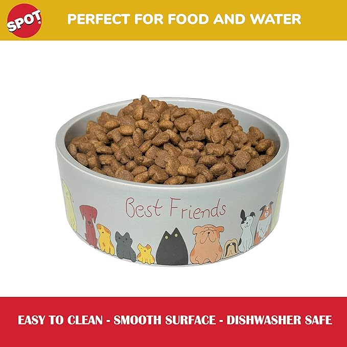 SPOT Best Friends Pet Food Dish - Food or Water Ceramic Bowl for Pets, Ideal for Medium & Large Dogs, Dishwasher Safe, 5 Cups (40oz) Capacity - 7in, Light Grey