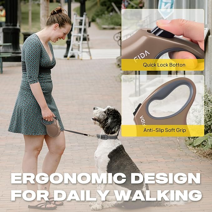 Fida Retractable Dog Leash, 16 ft Dog Walking Leash for Small Dogs up to 26lbs, 360° Tangle Free, Coffee/Brown
