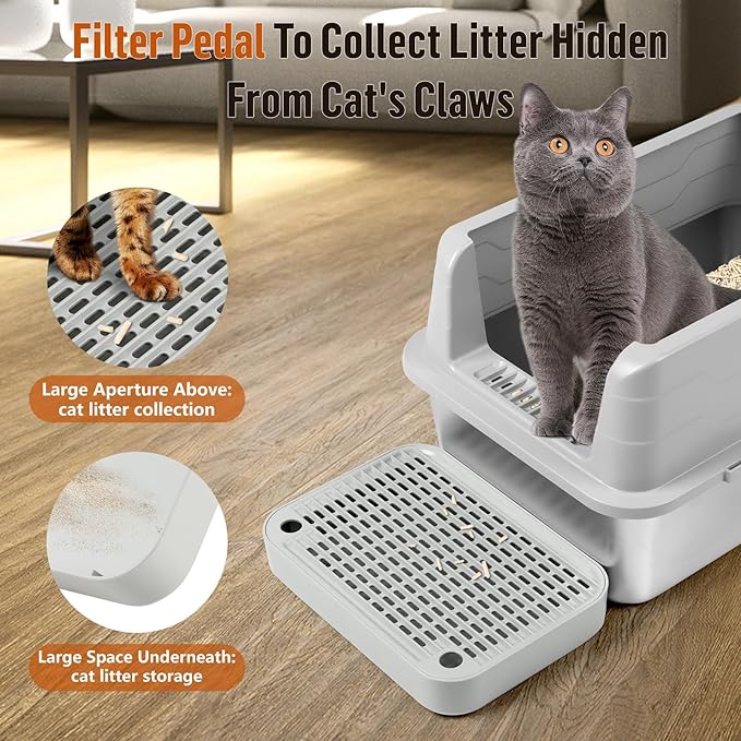 Kalolary Cat Litter Box Ramp with Filter Layer – Non-Slip Steps for Litter Box, Ideal for Small and Senior Cats, Litter Catcher Pedal, Durable, Easy to Clean (Light Grey Flat)