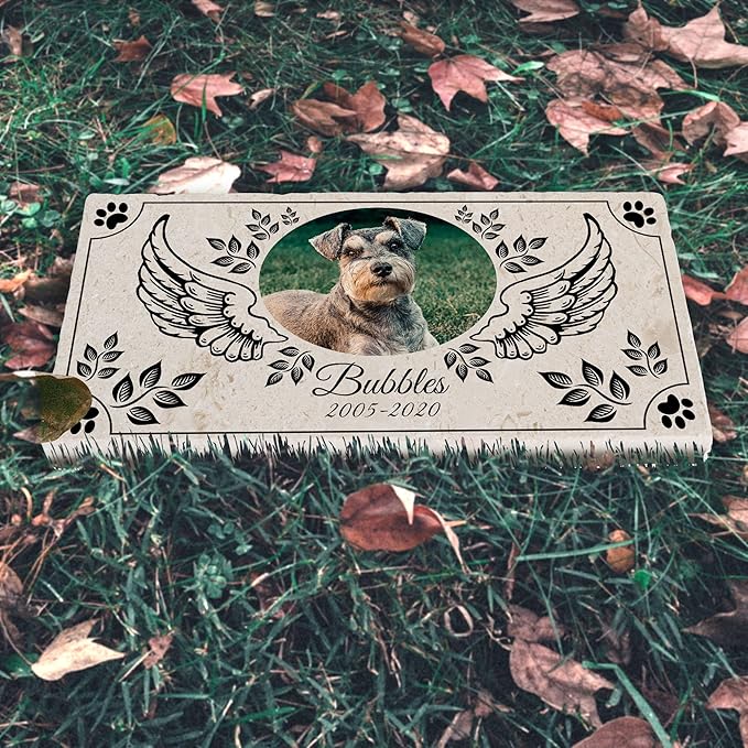 Personalized Pet Memorial with Keepsake Photo on Limestone - Headstones, Garden Stones, and Grave Markers for Dogs - Dog Memorial Stone, Pet Memorial Gifts - 12”x 6”x1.25" D (A. Bubbles Design)