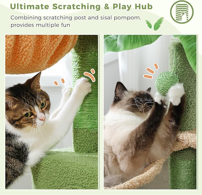 Green Cat Tree for Indoor Cats, 43" Small Cat Tower with Realistic Leaves, Scratching Posts, Dual Condos and Cozy Hammocks, Kitten Activity Center with Dangling Ball