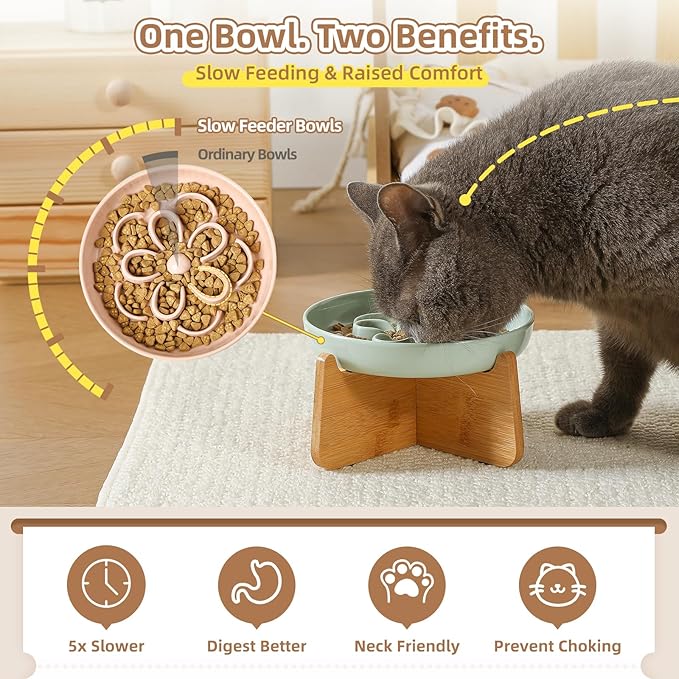 Elevated Slow Feeder Cat Bowl - Melamine Cat Dish with Anti-Slip Bamboo Stand - Whisker Friendly Feeding Bowl - Floral Maze Food Plate for Slow Eating - Blue