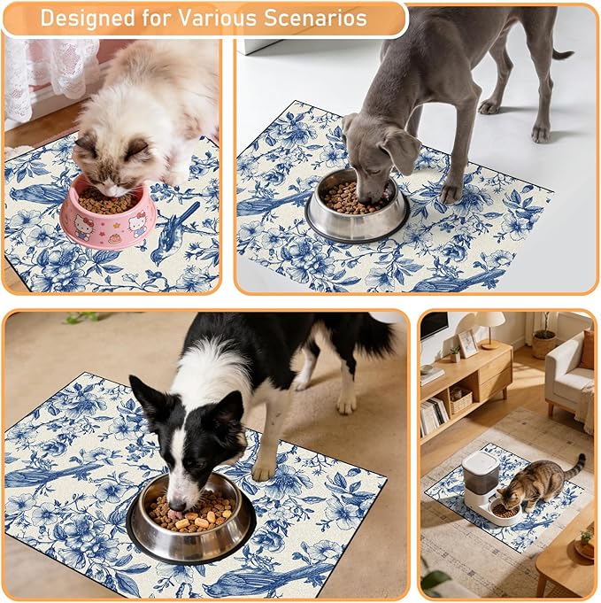 Dog Cat Food Mat - Absorbent Quick Dry Dog Bowl Mats for Food and Water, Anti Slip Cat Feeding Placemat for Floors, Diatomite Pet Dish Matts Accessories Supplies, Floral Bird Style, 16*24in