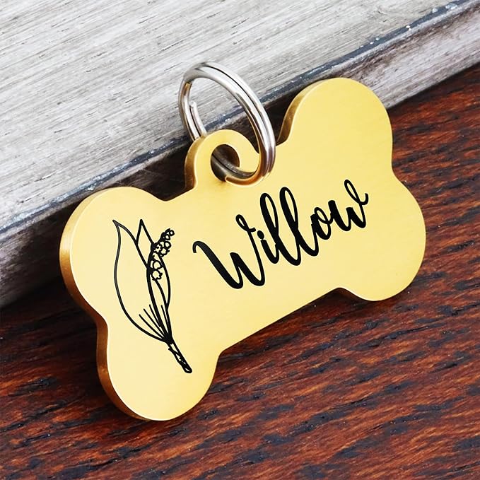 Ultra Joys Personalized Dog Tags for Pets - Durable Stainless Steel Customizable Dog Cat ID Tags - Dog Tags for Safety Optional Engraved on Both Sides -Birth Flower Dog Tag Small, Gold
