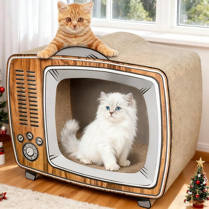 Simple Delxue Cardboard Cat Houses, TV Scratcher Cardboard Lounge Bed, Cat Scratching Board, Cats Scratching Box & Hideaway Furniture Prevents Furniture Damage