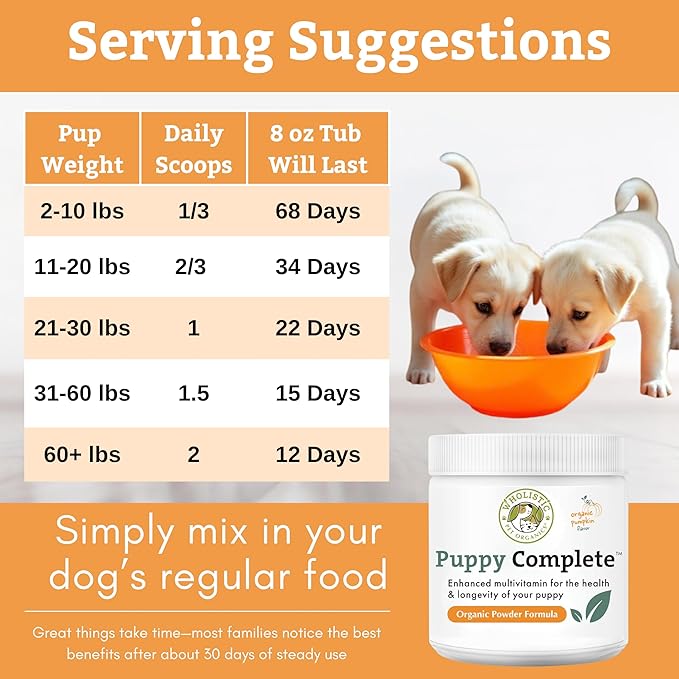 Wholistic Pet Organics Puppy Complete - Dog Multivitamin Powder - Daily Dog Vitamins and Supplements for Homemade Food - Immune System, Skin, Coat & Overall Health - All Breeds of Puppies - 22 Scoops
