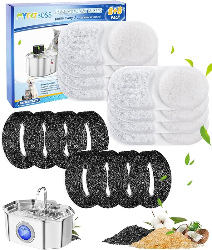 Filters for Cat Water Fountain Compatible with APAUK Automatic 108oz/3.2L, Cat Filters for Water Fountain with Sponges 8+8 Pack,8 Carbon Filter & 8 Pre-Filter Sponges