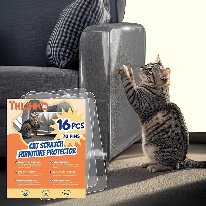 THLHKD Cat Scratch Furniture Protector: 16 Pcs Single Side Couch Protector from Cat Claws with 4 Holes, Easy to Stick & Fix, Furniture Protectors from Cats Scratching(16P+70 Pins)