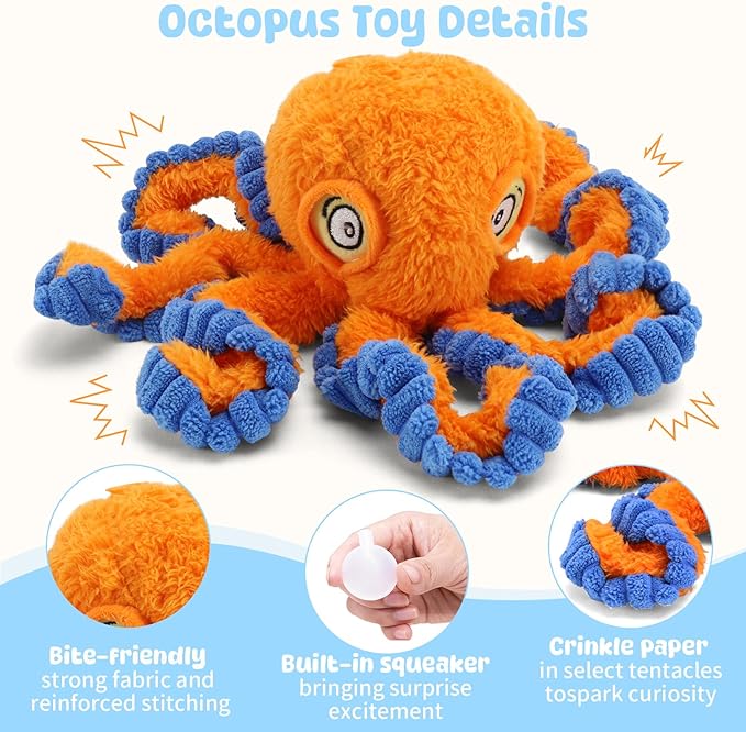 Squeaky Dog Toy for Puppy Teething, Plush Octopus Dog Toy, Puppy Chewing Toy, Soft Stuffed Chew Toys for Small Dogs Training and Keep Them Busy, Orange