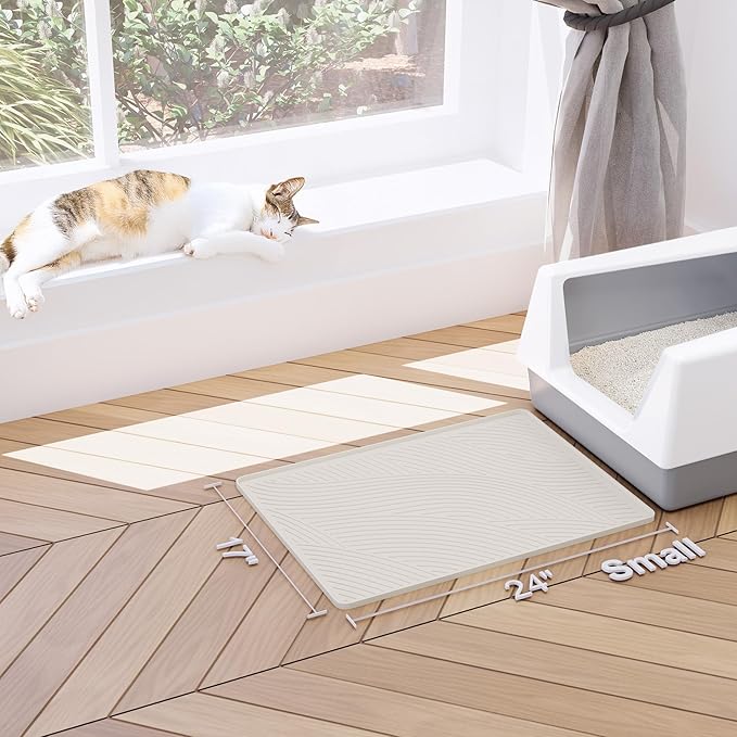Cat Litter Box Mat - SM Small Medium Size 24 x 17 in, Water Proof, Kitty Litter Trapping Mat, Easy to Clean, Scatter Control, Odorless, Pet Supplies for Indoor Cats, Warm Beige