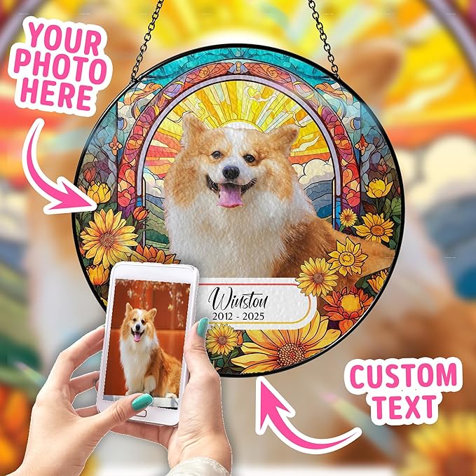 Custom Dog Portrait Art Suncatcher Stained Glass Remembrance Gift Indoor Decor Window Hanging Cat Bereavement Keepsake Loss of Pet Sympathy with Name Date Portrait Gifts