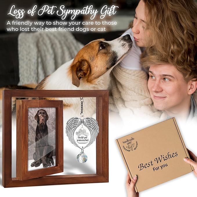 Rotating Wooden Picture Frame 4x6 Photo Pet Angel Wings Memorial Ornament Crystal Rainbow You Left Pawprints on My Heart, Dog Cat Bereavement Remembrance Gifts, In Loving Sympathy Pet Frame PR-4W