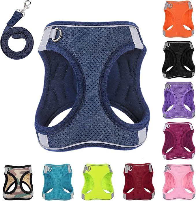 Dog Harness with Leash Set, No-Pull Step-in Reflective Pet Harness with 1 Leash Clips, Adjustable Soft Padded Easy Walk Dog Vest for Small Medium Large Dogs, Cats(Dark Blue, Small)