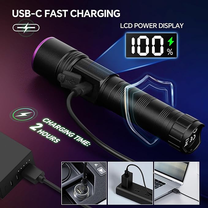 365nm Black Light Flashlight, UV Flashlight Rechargeable with LCD Display, Powerful Ultraviolet Lights for Pet Urine Detection, Resin Curing, Rockhounding, Scorpion, Uranium Glass, A/CLeak