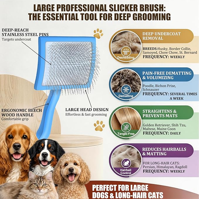 Long Pin Slicker Brush for Doodles & Poodles - 25mm Extra Long Pins Dog Brush with Stainless Steel Cleaning Comb, Solid Beech Wood Dematting Brush for Thick, Curly & Double Coats,Blue