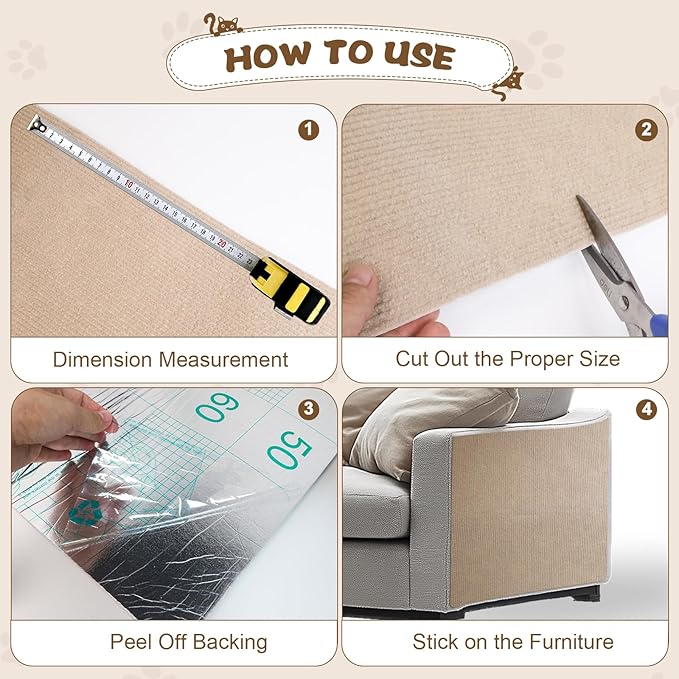 Eunice Cat Scratching Mat, Self-Adhesive Cat Scratch Carpet, Trimmable Replacement Carpet Pad for Tree Wall Cat Scratching Post DIY Couch Protector (Khaki, 78.7"x15.8")