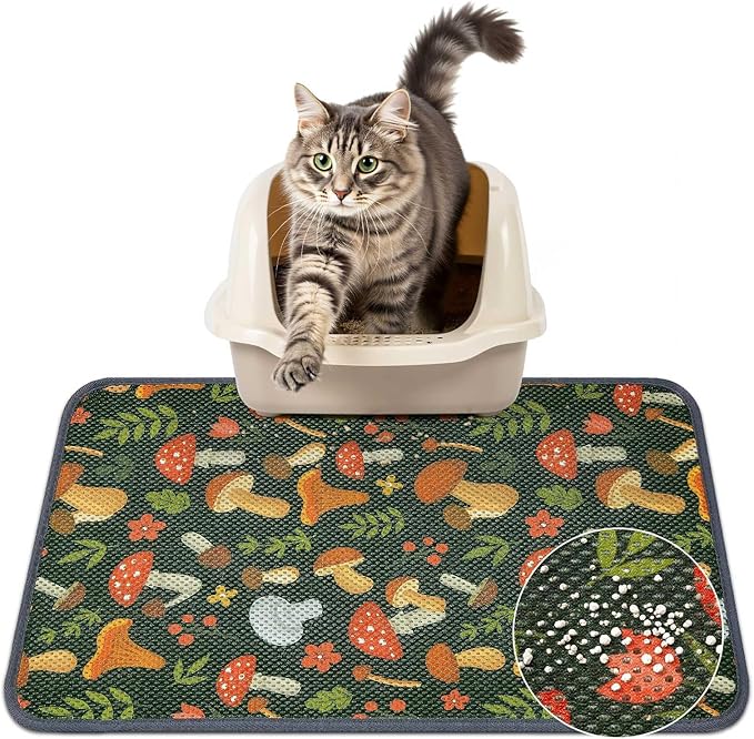 Unicorn Catcher 24X15in Cat Litter Mat Machine Washable Soft 3D Air Mesh Litter Box Rug Non-Slip Backing Quick Dry Scatter Control for Paws,Green Mushrooms