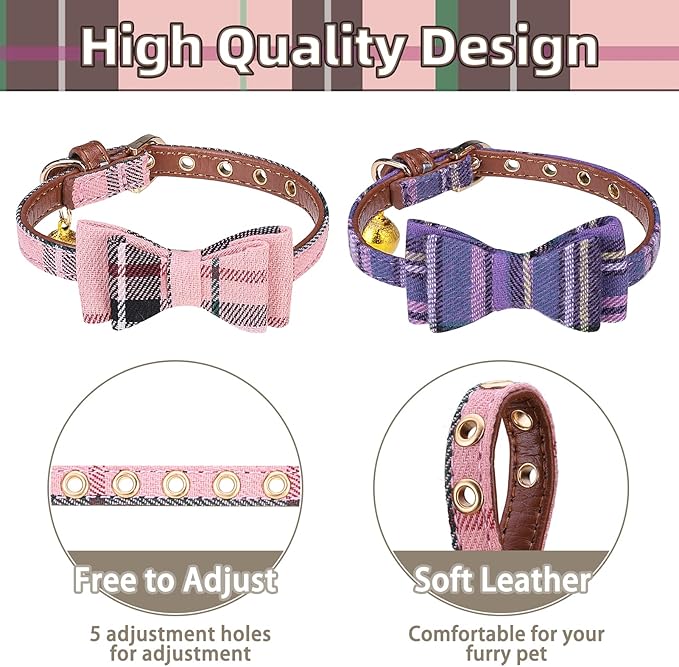 PUPTECK Puppy Collar with Bell XXS Dog Collar Charm Adjustable Bowtie Soft Leather for Cats Kittens Extra Small Dogs 2 Packs