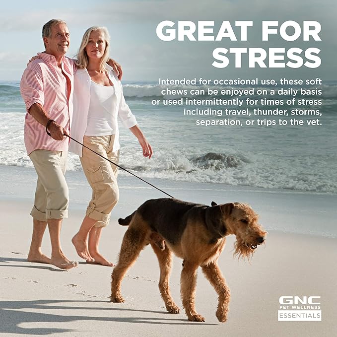 GNC Pets Essentials Calming Soft Chews for Dogs, Bacon Flavor Calming Supplement with Chamomile, Passion Flower, L-Tryptophan and Thiamine for Puppies and Adult Dogs, 60 Count
