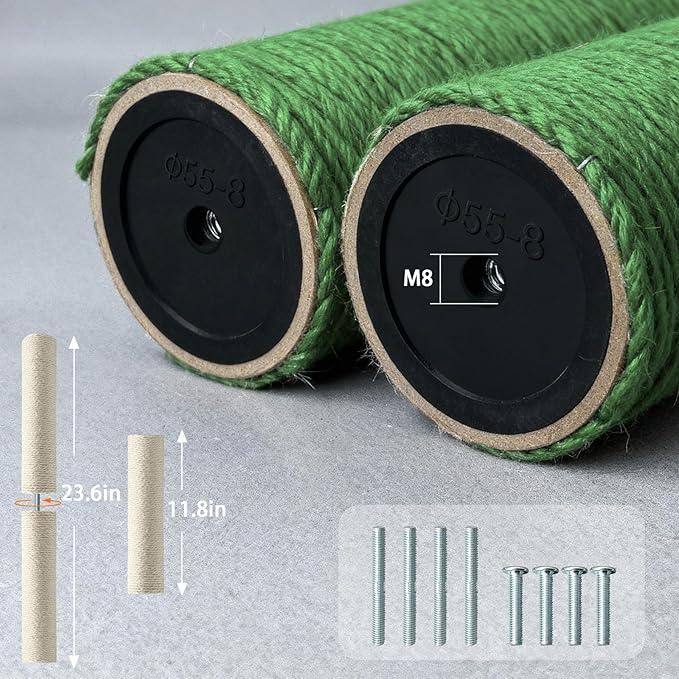 4 Pack Cat Scratching Post Replacement, 11.8 x 2.7 Inch Sisal Poles with M8 Screws, Refill Parts for Indoor Cat Towers and Furniture Repair-Green