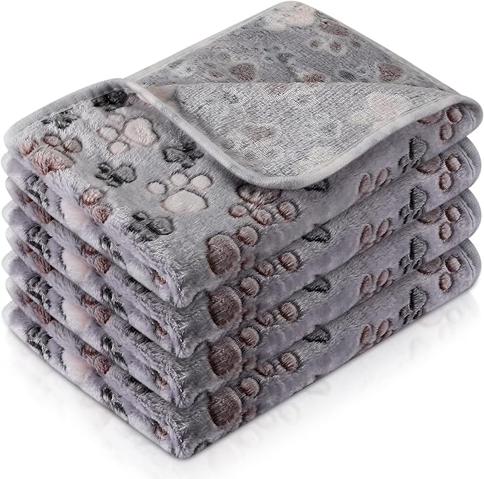 Tatuo 4 Pcs Dog Blanket for Pet Puppy Teething Toys Paw Print Fleece Blanket for Pet Cat Soft Warm Sleep Mat Guinea Pig Cage Mat(Small(24 x 16 Inch),Gray)