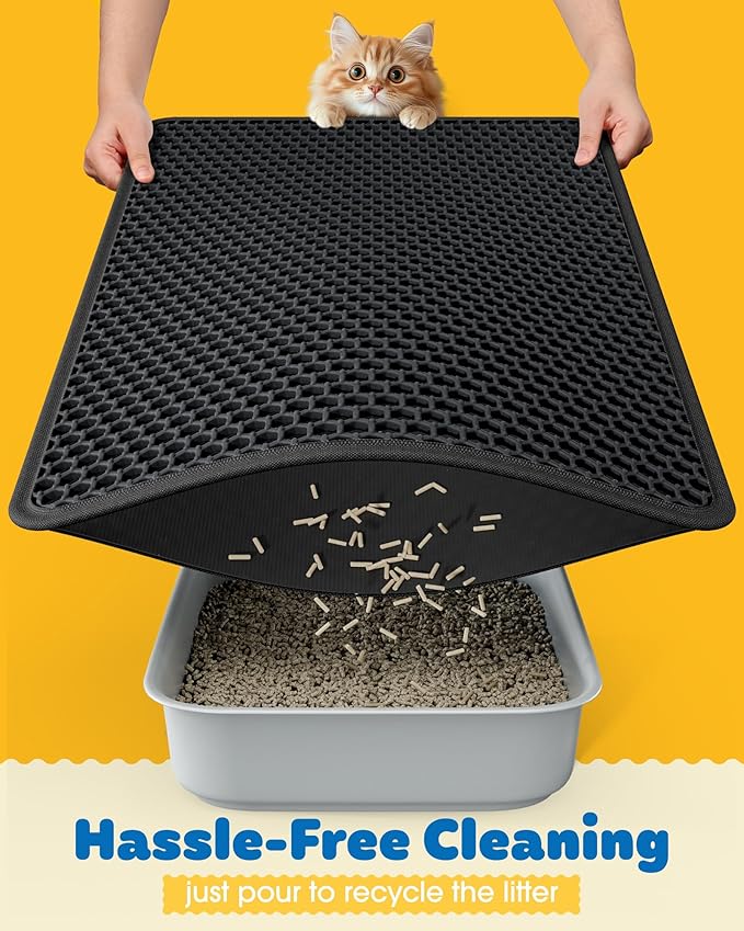 Cat Litter Mat - 30'' x 24'' Large Litter Trapping Mat, Easy to Clean Litter Box Mat, Waterproof, Urine-Proof, Non-Slip Kitty Litter Mats for Floor, Black