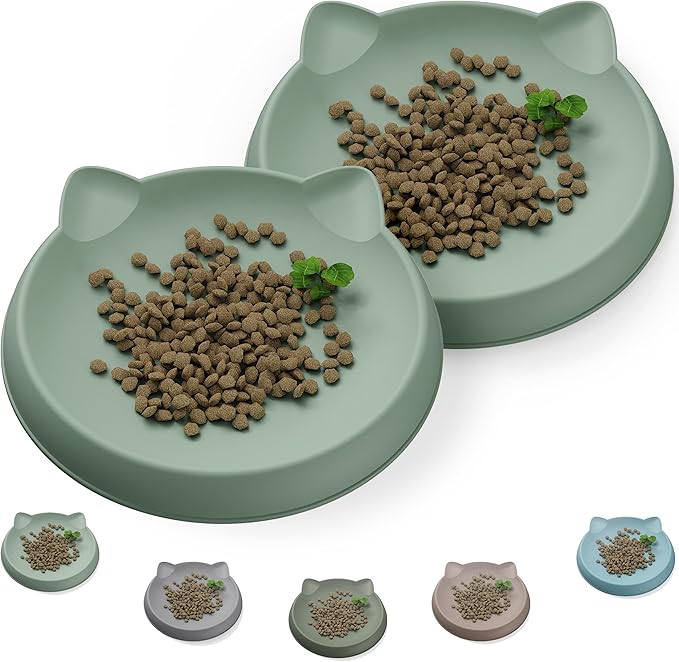 Cat Bowls for Indoor Gentle Small Kitten (2pcs, Soft Silicone) Shallow Wide Plates Feeder Whisker Fatigue Relief Cute Pet Kitty Food Water Dishes Set Anti Slip, Dishwasher Safe