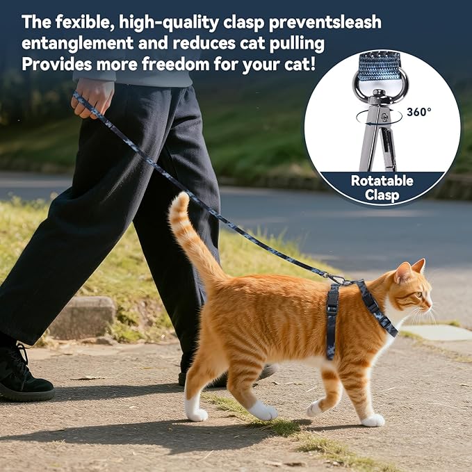 Cat Harness and Leash Set, 3-in-1 Escape Proof Adjustable, Comfortable Soft Lightweight, Safe, Easy to Wear, Walking Travel Kitten Harness for Small Medium Cats （Black