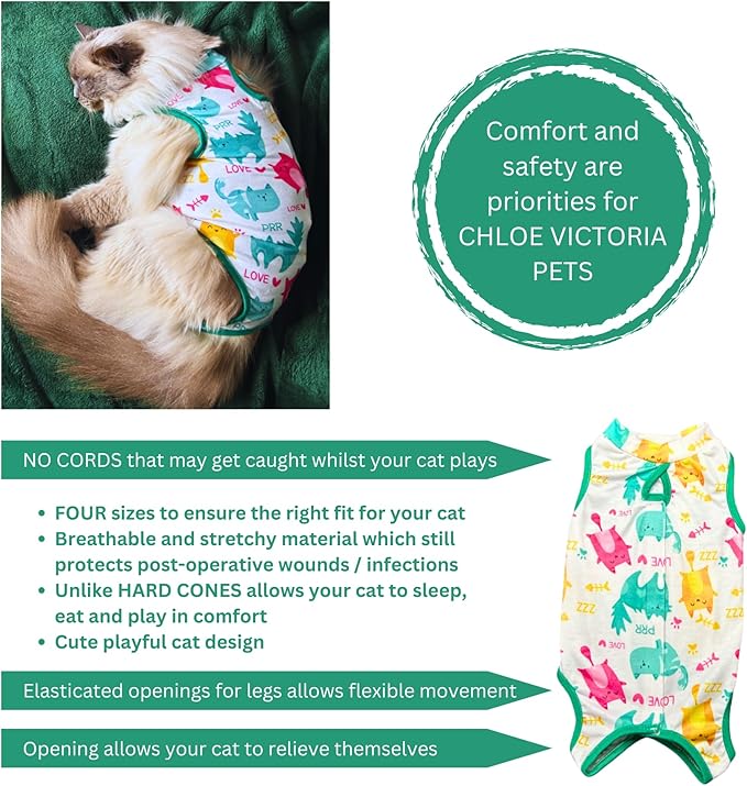 Cat Recovery Suit Surgical Onesie - Post Surgery - Soft Breathable Fabric - No-Cord Design - Protects Wounds and Skin After Spay or Neuter - Male and Female Cats | XX-Large
