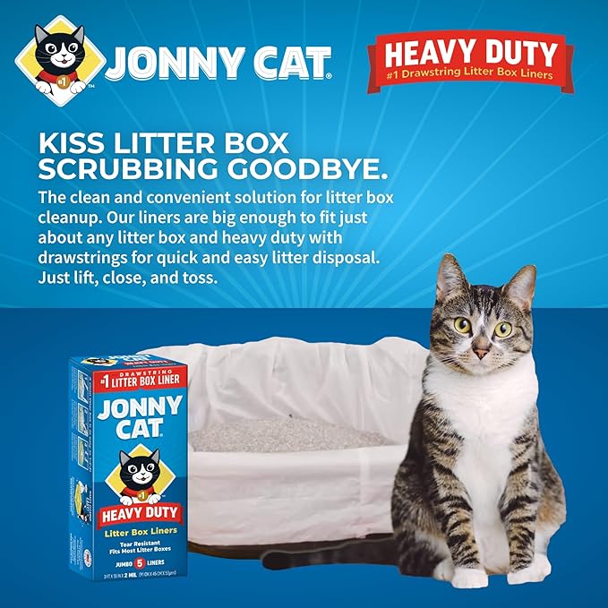 Jonny Cat Litter Box Liners: Heavy Duty - Tear & Leak Resistant - Drawstring Close - Jumbo, 5 Count (Pack of 2)