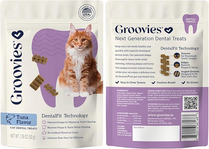 Groovies Cat Daily Dental Treats. Tasty, Crunchy Bites Cats Love. Powered by USA-Patented DentalFit Tech. No Gluten or Artificial Flavors or Colors. 1.76oz Each bag - (2 pack) of (1)Chicken & (1)Tuna