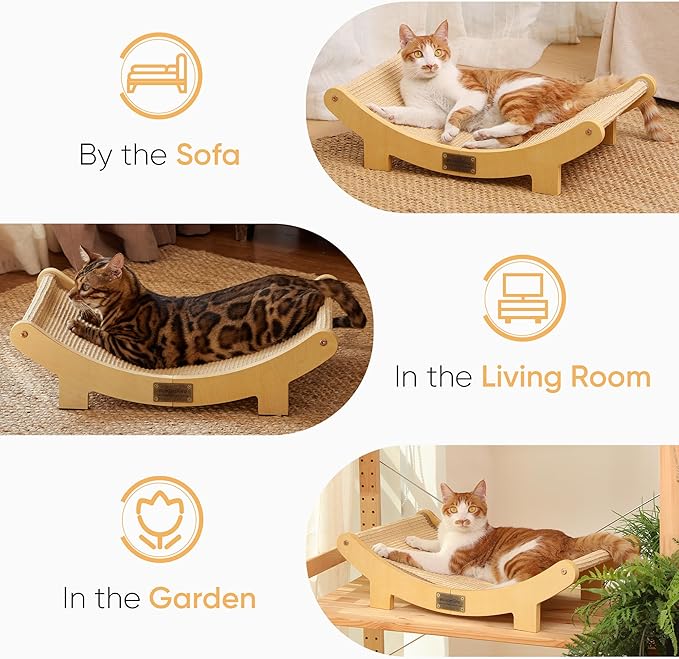 FUKUMARU Cat Scratcher Bed Sisal, 23.6 Inch Durable Scratching Bed for Indoor Cats, Large Cat Scratch Pad, 100% Natural Sisal Hammock, Solid Wood Frame Lounger Chair for Sleep & Scratch (Wood)