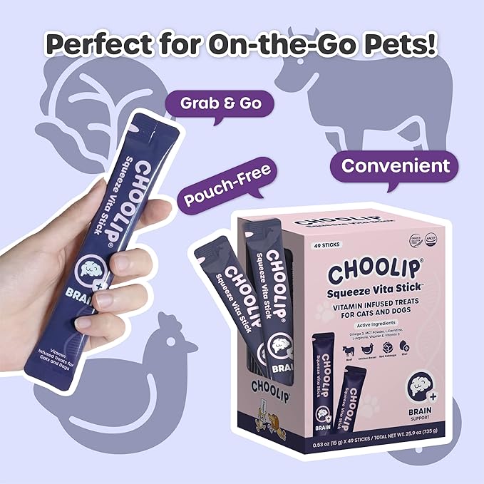 Choolip Squeeze Vita Stick Lickable Cat and Dog Treats, 49-Count Brain Support Variety Pack, Chicken and Tuna with DHA, CoQ10 and Vitamin E
