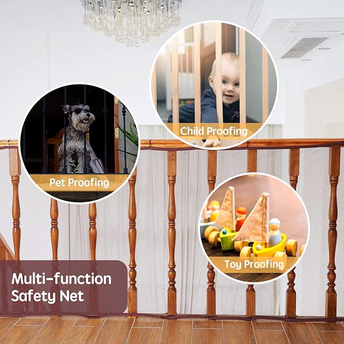 Baby Gates for Stairs with Banister, Guard Safety Net for Baby, 10ft x 3ft Stair Railing Mesh Barrier for Kids, Cats, Dogs, Child Safety Rail Guard - Dark Brown