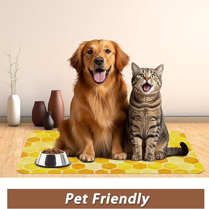 Honeycomb Bee Geometric Dog Food Mat for Floors,Absorbent Quick-Dry Pet Feeding Mat,Cat Dog Bowl Mats for Food and Water,Non-Slip Pet Accessories Supplies 12"x20"