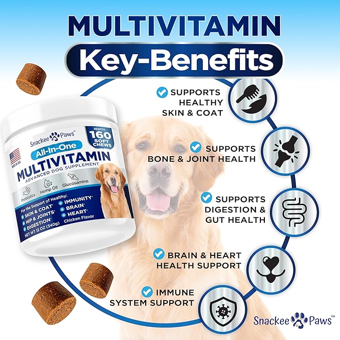 Dog Multivitamin Chewable with Glucosamine - Dog Vitamins and Supplements - 160 Treats - Multivitamin for Dogs - Hip & Joint Support - Immune Health, Skin, Heart, Digestion, Probiotics