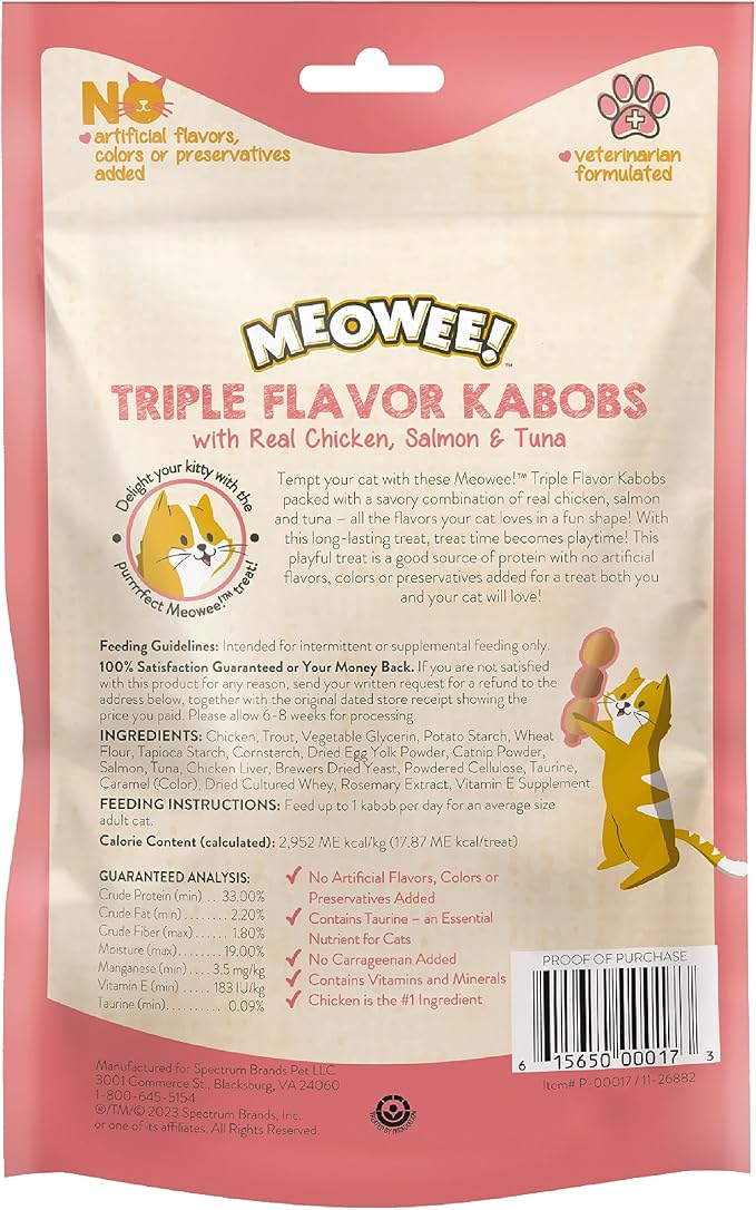 MEOWEE! Triple Flavor Kabobs Cat Treat, 2.4 Ounce Bag, Long-Lasting Playtime Treat for Cats Made with Real Chicken, Salmon & Tuna (Pack of 2)