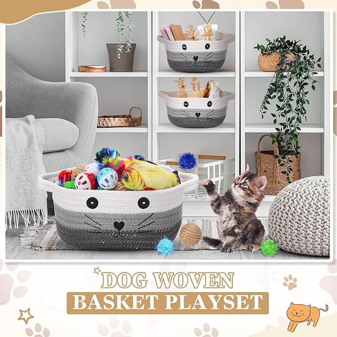 Zopeal 58 Pcs Valentine's Day Cat Storage Basket Gift Toys Set, Colorful Flashing Balls Pet Bell Crinkle Balls Spring Toys Attract Cat to Swat, Hunt, Interactive for Pet(Multicolor,9.8 Inch)