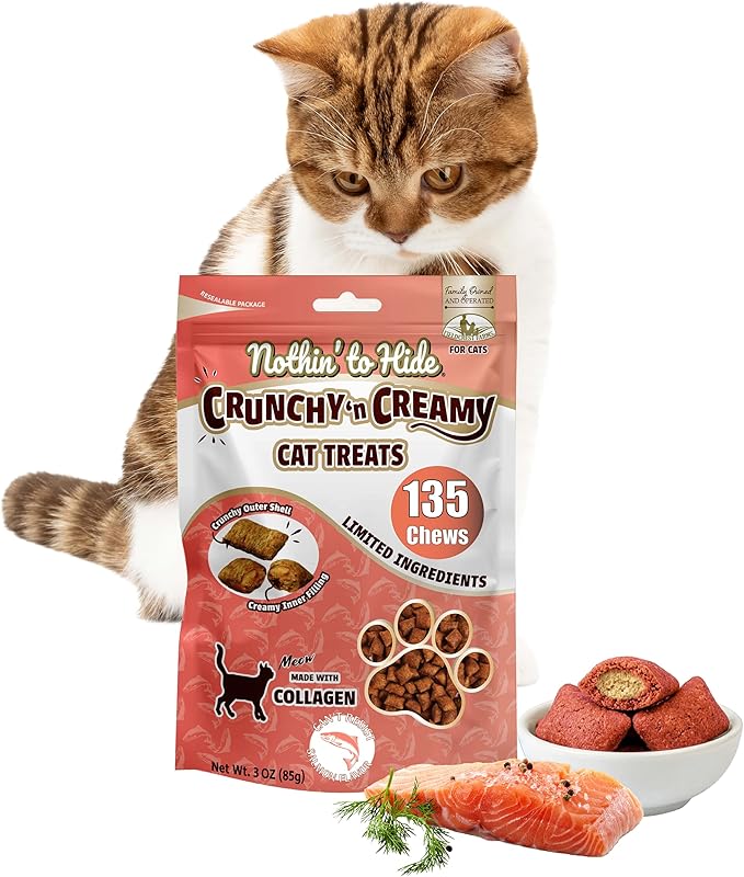 Fieldcrest Farms Nothin’ to Hide Collagen Cat Treats – Crunchy & Creamy Cat Snacks, High-Protein Healthy Treats for Skin, Coat & Joint Support, Salmon Flavor, 3 oz.