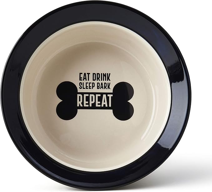 PetRageous 17001 Eat Drink Repeat Two-Tone Stoneware Dishwasher Safe Dog Bowl 4-Cup 8.18-Inch Diameter 3-Inch Tall for Medium and Large Dogs and Cats, Off-White, (Pack of 1)