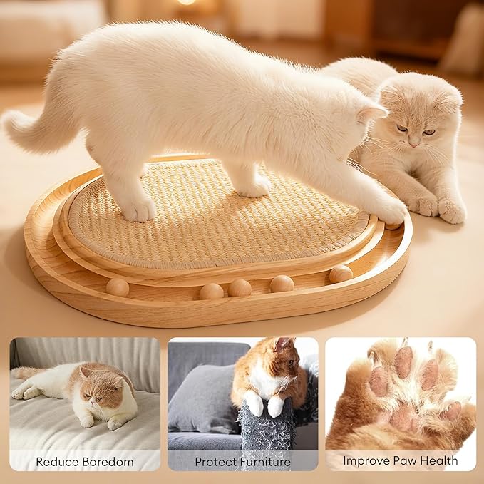 Cat Scratchers for Indoor Cats with 6 Ball Track Toys, Wooden Sisal Cat Scratcher Board, Interactive Cat Ball Track Toy for Kitty Claw Care, Exercise & Furniture Protection