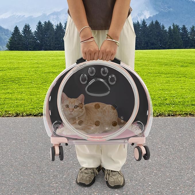 Cat Backpack Carrier, Transparent & Breathable Cat Carrier with Wheels, Large Space Bubble Pet Backpack for Kitty Dog Bunny Up to 20lbs, Multiple Carrying Options, Perfect for Traveling/Taking a Walk