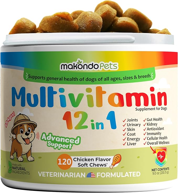 Multivitamin for Dogs 12 in 1 Soft Chews (120) – Dog multivitamin with probiotics + Digestive enzymes, Skin & Coat Support, Immune Defense & Gut Health, Cranberry Urinary Support