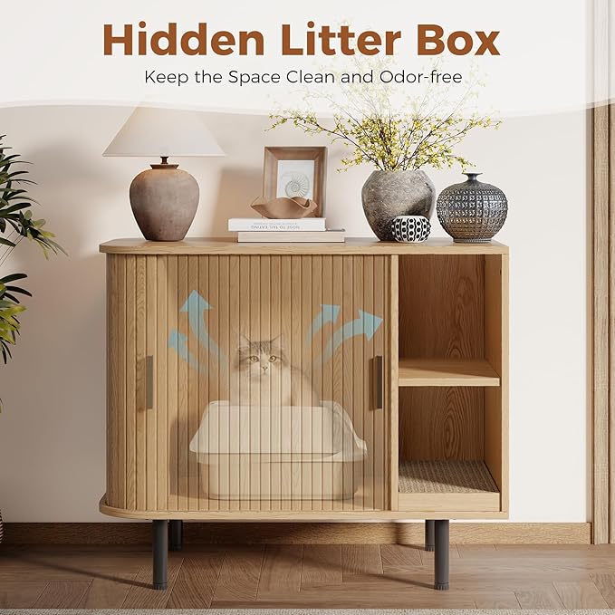 Cat Litter Box Enclosure, Kitty Hidden Litter Box Furniture with Scratch Pad, Modern Indoor Cat House, Sliding Door, Adjustable Shelf for Dog Proof, Natural