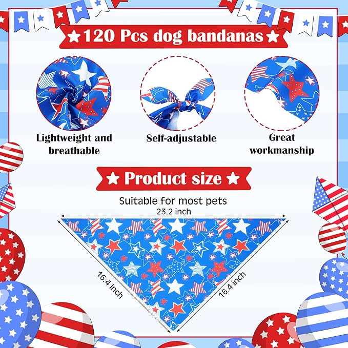 Sanwuta 120 Pcs Dog Patriotic Bandana Bulks 4th of July Bandanas Independence Day Pet Scarf Soft Triangle Scarfs for Small and Medium Pets, 30 Styles